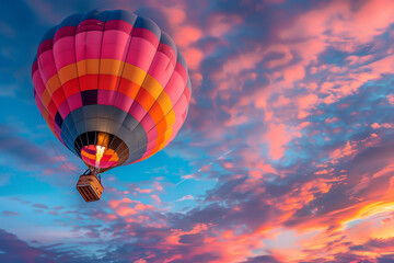 Vibrant hot air balloon ascending at dawn against a vivid coral sky.