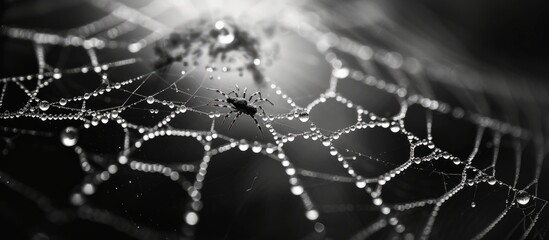 Eerie spider sitting on intricate web in the darkness of the night - obrazy, fototapety, plakaty