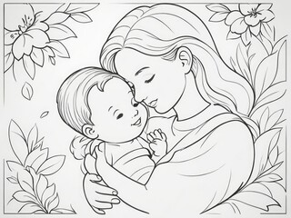 Loving Mother and Baby Line Art Illustration with Floral Frame, Black and White Drawing