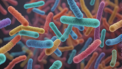 Close-up of differently colored prokaryotes for example Escherichia coli bacteria - obrazy, fototapety, plakaty
