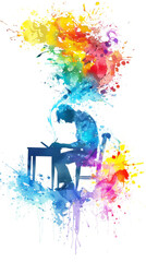 Writer silhouette colorful amidst words whirlwind