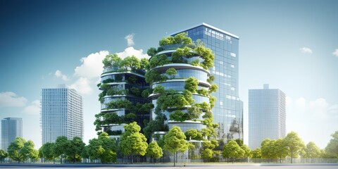 Sustainable green building in modern city. Green architecture. Eco-friendly building. Sustainable residential building with vertical garden reduce CO2. Apartment with green environment. - obrazy, fototapety, plakaty