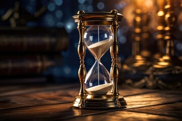 Close-up of a golden hourglass on a table, hourglass endless loop, time, sand, clock, glass, timer, Ai generated - obrazy, fototapety, plakaty