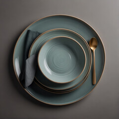 Photo top view Table ware on table, elegant minimalist style. ai generative