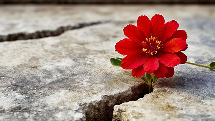 Red flower growing through crack in the ground, selective focus. Concept of strength and resilience - 751657068
