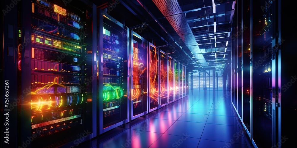 Poster high performance data servers. glowing cables, high bandwidth. ultra high performance servers in dat