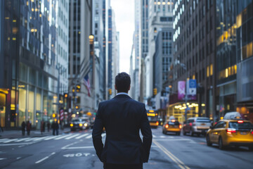 A businessman in a black suit walking down a busy city street with tall buildings in the background