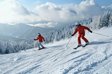 A couple skiing on a snowy slope with goggles and skis