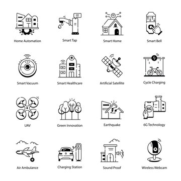 Linear Icons Depicting Smart Gadgets and Buildings 
