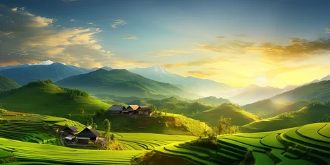 Zelfklevend Fotobehang Rijstvelden Landscape of rice terrace and hut with mountain range background and beautiful sunrise sky. Nature landscape. Green rice farm. Terraced rice fields. Travel destinations in Chiang Mai, Thailand.
