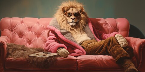 In a funny, anthropomorphic scene, a majestic lion lounges on a cozy sofa wearing pink glasses and...