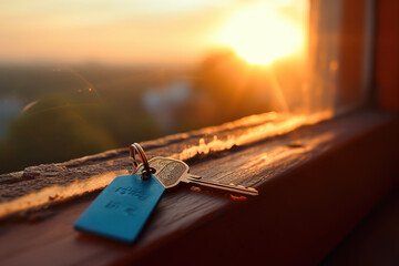 A keychain with a bronze key and a blue tag lying on a windowsill of a brown house with a red roof - obrazy, fototapety, plakaty