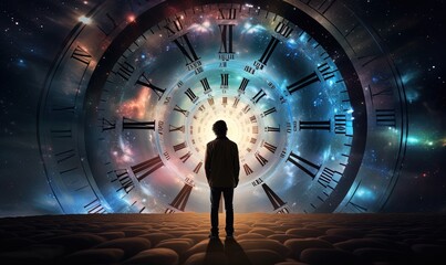 collage photo image of time traveler person in astral world with full numbers numerology concept