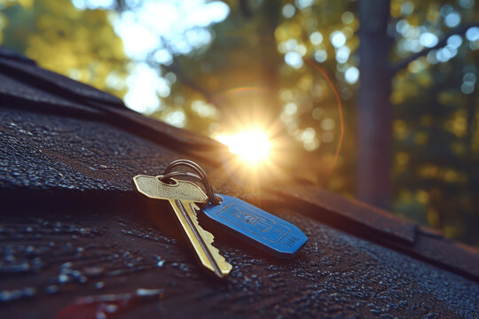 A keychain with a gold key and a blue tag lying on a windowsill of a brown house with a black roof