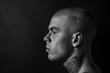 A man with a bald head and a tattoo on his neck, looking off to the side