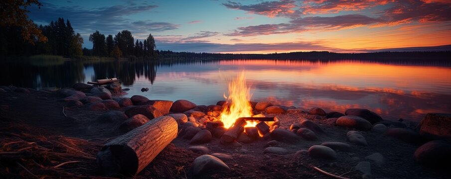 Glowing campfire by the lake. Sunset with open flames, fire, and logs. Camping on the beach at night. Serene lake landscape