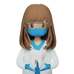 Cartoon female dentist in protective glasses and mask holding white tooth stomatology and dentistry concept