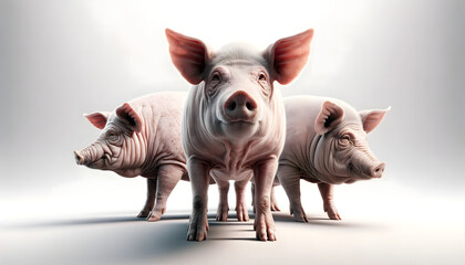 three realistic piglets standing side by side with a plain, light background that casts soft shadows beneath them - obrazy, fototapety, plakaty