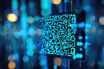 A QR code with a square and dots