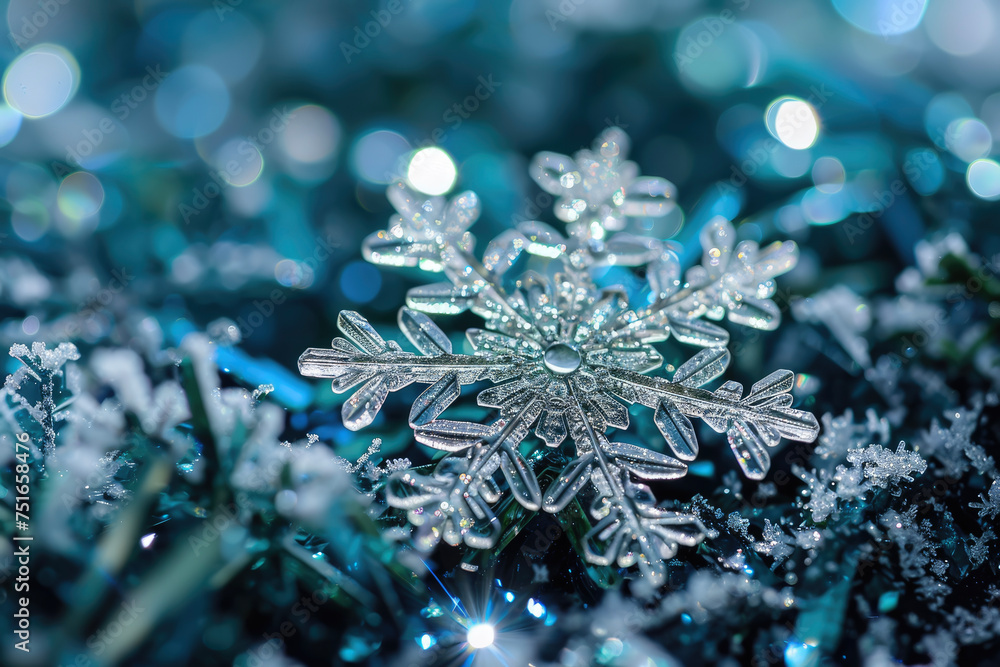 Poster a snowflake with a crystal and a sparkle