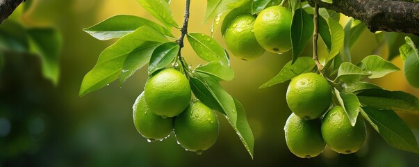 Green organic lime citrus fruit hanging on tree
