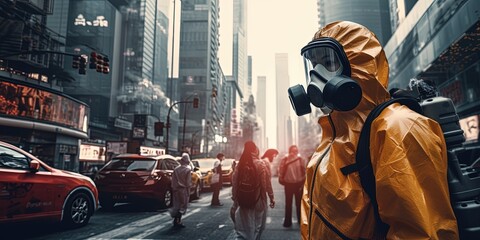 People using bio hazard suits on city streets due to pollution and bad air quality - obrazy, fototapety, plakaty