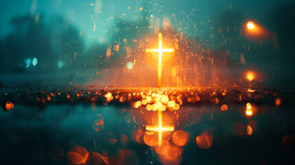 Urban Faith: Illuminated Cross in Rainy Cityscape