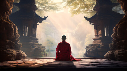 A solitary monk in meditation with a serene temple scene