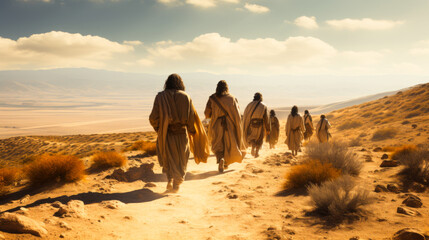 A procession of pilgrims walks along a dusty path - obrazy, fototapety, plakaty
