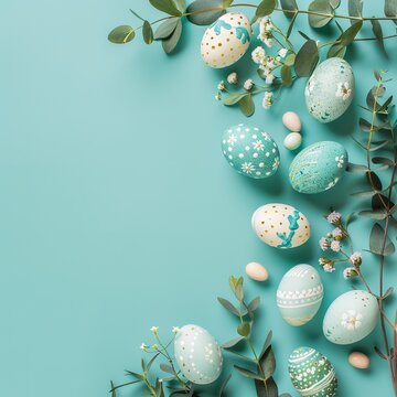 Easter party concept. Top view photo of easter blue and yellow eggs on isolated pastel blue background 