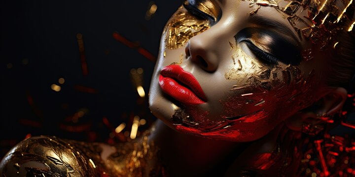 The glimmering gold paint adorned her face like liquid metal, her lips painted with a daring red and her lashes fluttering with confidence as she embraced her bold and untamed