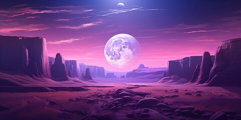 Digital art of a mystical purple landscape featuring towering cliffs and a large moon - obrazy, fototapety, plakaty