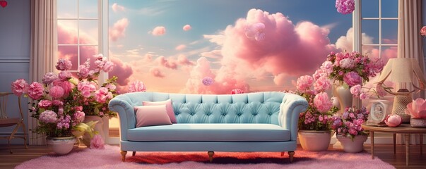 A tranquil sky and billowing clouds provide the backdrop for a cozy indoor scene, where a pink couch surrounded by furniture and adorned with vibrant flowers creates a soothing yet vibrant atmosphere