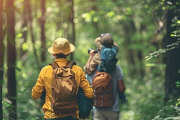 Fototapeta premium adult hikers and a child watching nature through binoculars in the forest.
