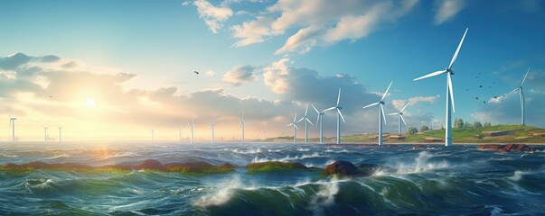 Offshore and onshore windmill park ,Windmill farm green energy at sea,Windmill turbines by the ocean