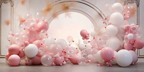 Fototapeta na wymiar A cluster of shimmering balloon-like spheres, ranging in shades of pink and white, delicately hang together to create a beautiful and whimsical holiday