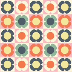 seamless floral checkered pattern background 70's style
