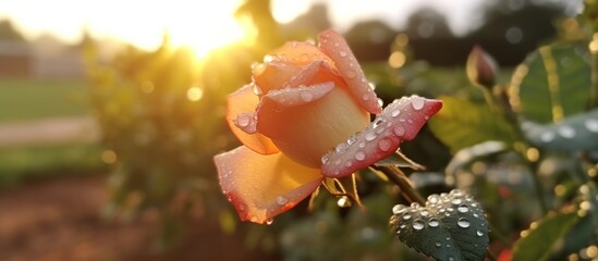 Close-up view of beautiful yellow rose flower plant with water drops and morning sunlight