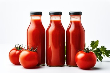 Bottles of fresh red tomato juice on a white background isolated