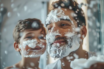 Father and child share a shaving ritual.