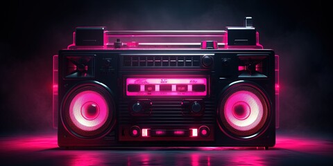 A retro-designed boombox with neon pink lighting stands out in a dark ambient background, symbolizing '80s music culture - obrazy, fototapety, plakaty