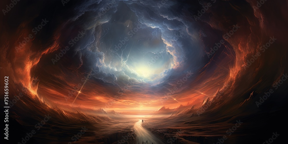 Poster rough path to destiny. an exit of a massive turbulence or vortex. a space storm or colossal stormfro