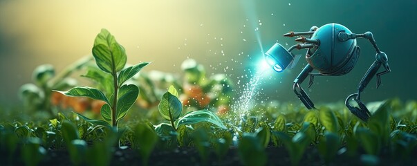 Agriculture futuristic. Pollinate of vegetables with robot automation. Detection spray chemical. Leaf analysis and foliar fertilization. Eliminate pests and provide essential - obrazy, fototapety, plakaty