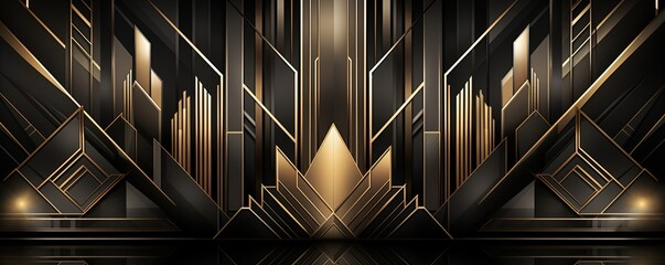 Abstract art deco. Great Gatsby 1920s geometric architecture background. Retro vintage black, gold,...