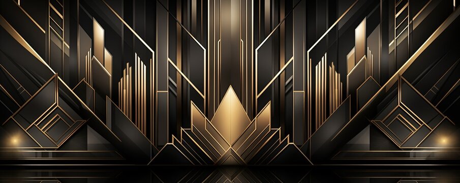 Abstract art deco. Great Gatsby 1920s geometric architecture background. Retro vintage black, gold, and silver roaring 20s texture