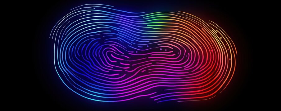 Colorful abstract neon fingerprint on black background. Swirling lines design. Glowing ID wallpaper - Powered by Adobe