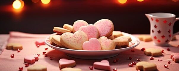 a plate filled with heart shaped cookies on top of a table next to other heart shaped cookies on top of a table next to other heart shaped cookies on a plate.
