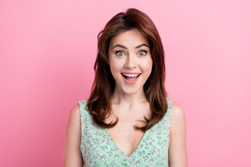 Fototapeta premium Portrait of cheerful positive cute woman with open mouth wear stylish summer clothes isolated on pink color background