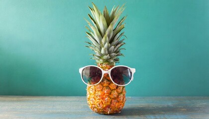 Hipster pineapple with trendy sunglasses against turquoise background. Minimal summer concept