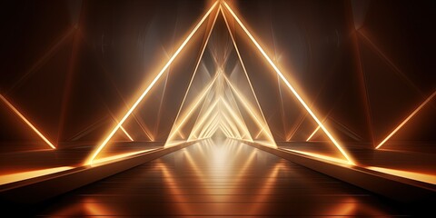 Neon light abstract background. Triangle tunnel or corridor violet neon glowing lights. Laser lines and LED technology create glow in dark room. Cyber club neon light stage room.